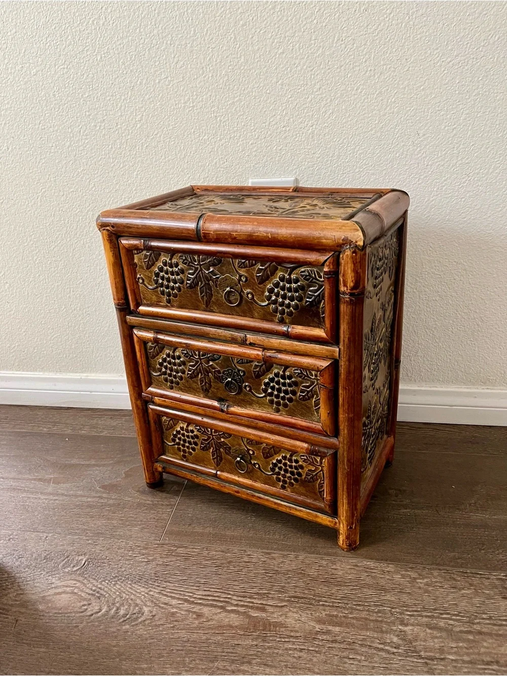 Bamboo Accent 3-Drawer Side Table in Warm Brown